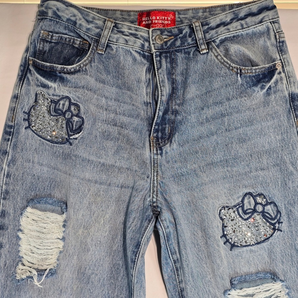 Forever 21 Hello Kitty Distressed Rhinestone Straight Leg Jeans Light Wash 29 - Picture 7 of 16